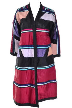 1960s Colorful Patchwork Art Satin Coat Reversible to Black Jacket