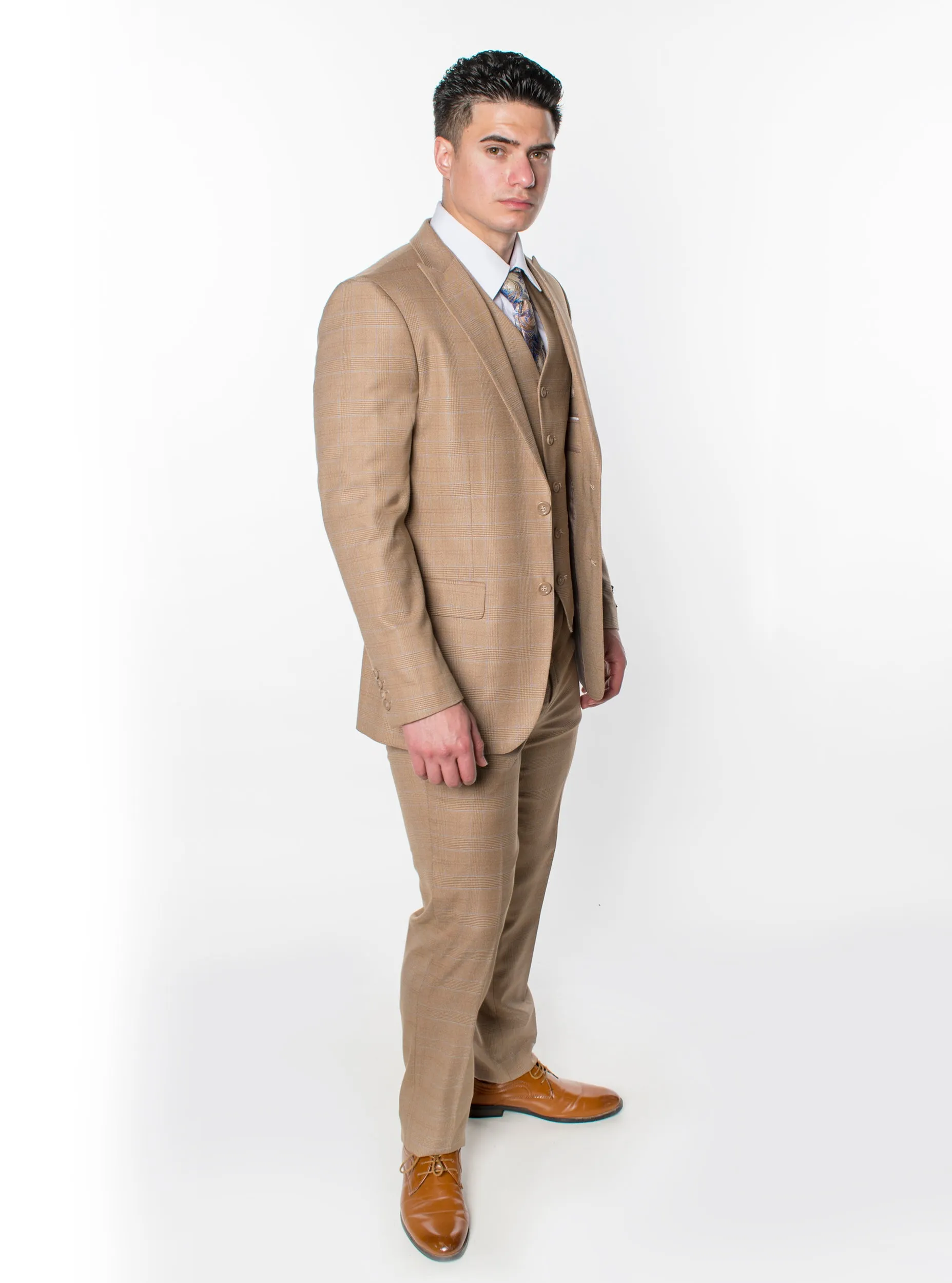 3 Piece Plaid Suit - Brown (127012)