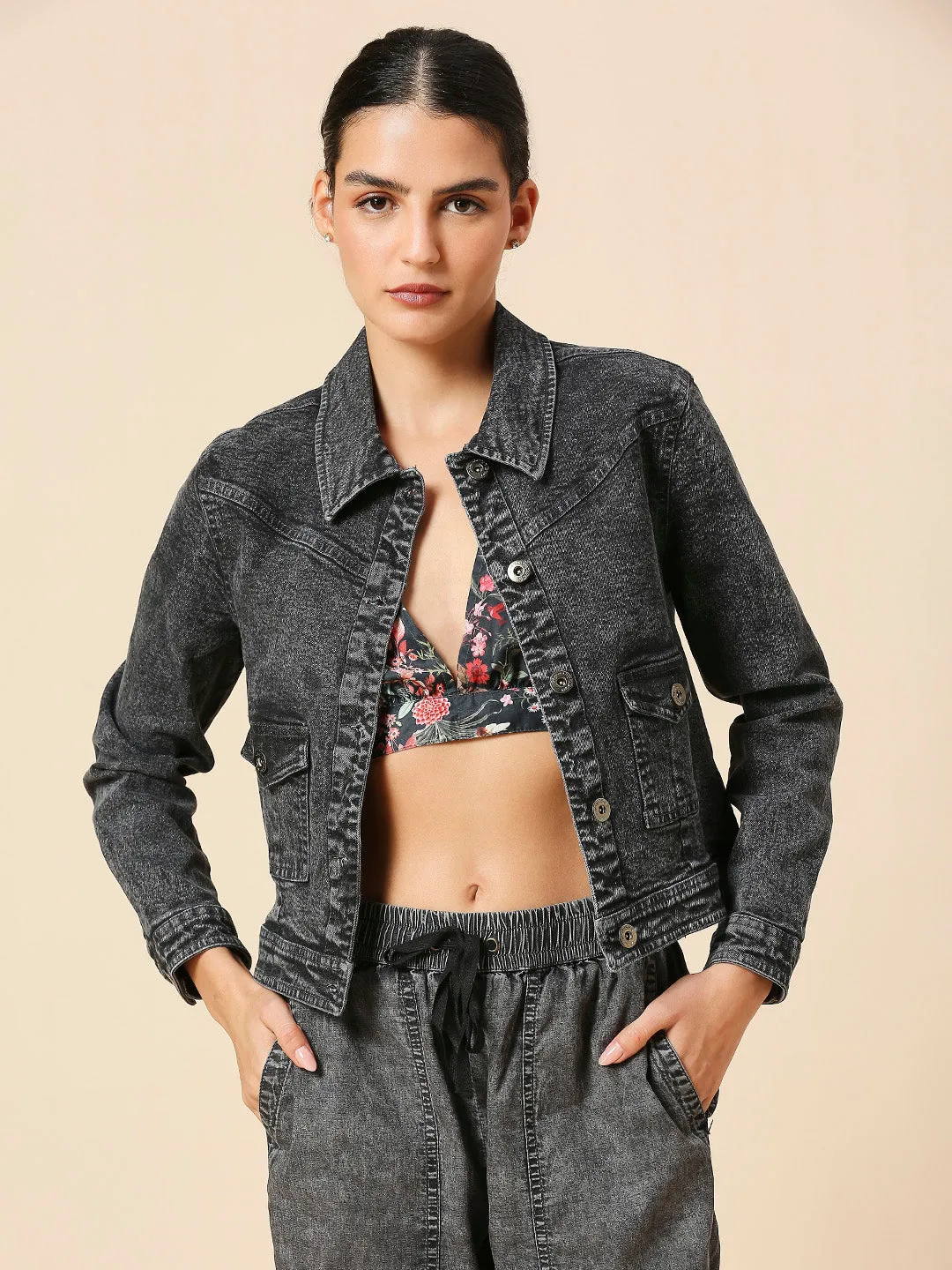 ACID WASH DENIM CROPPED JACKET