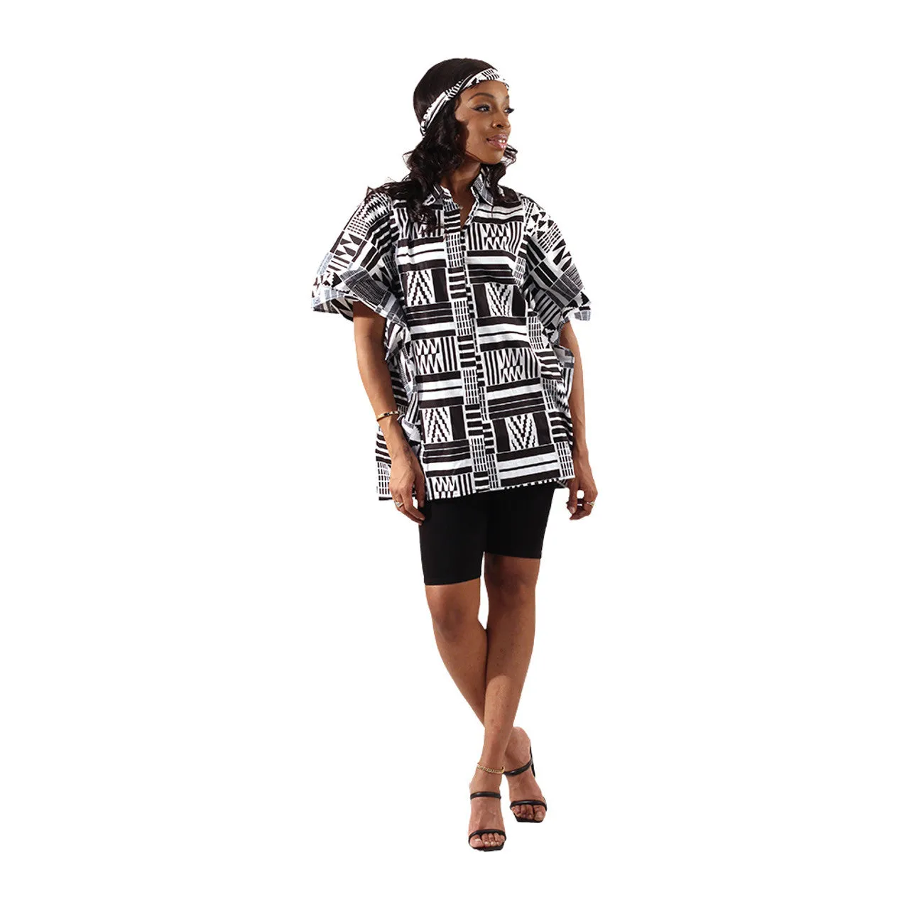 African Print Button Down Butterfly Jacket  - Black & White Kente