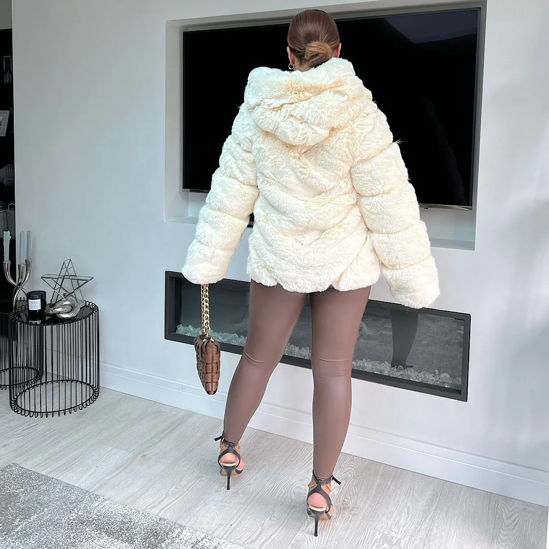 ALBA Cream Hooded Faux Fur Coat