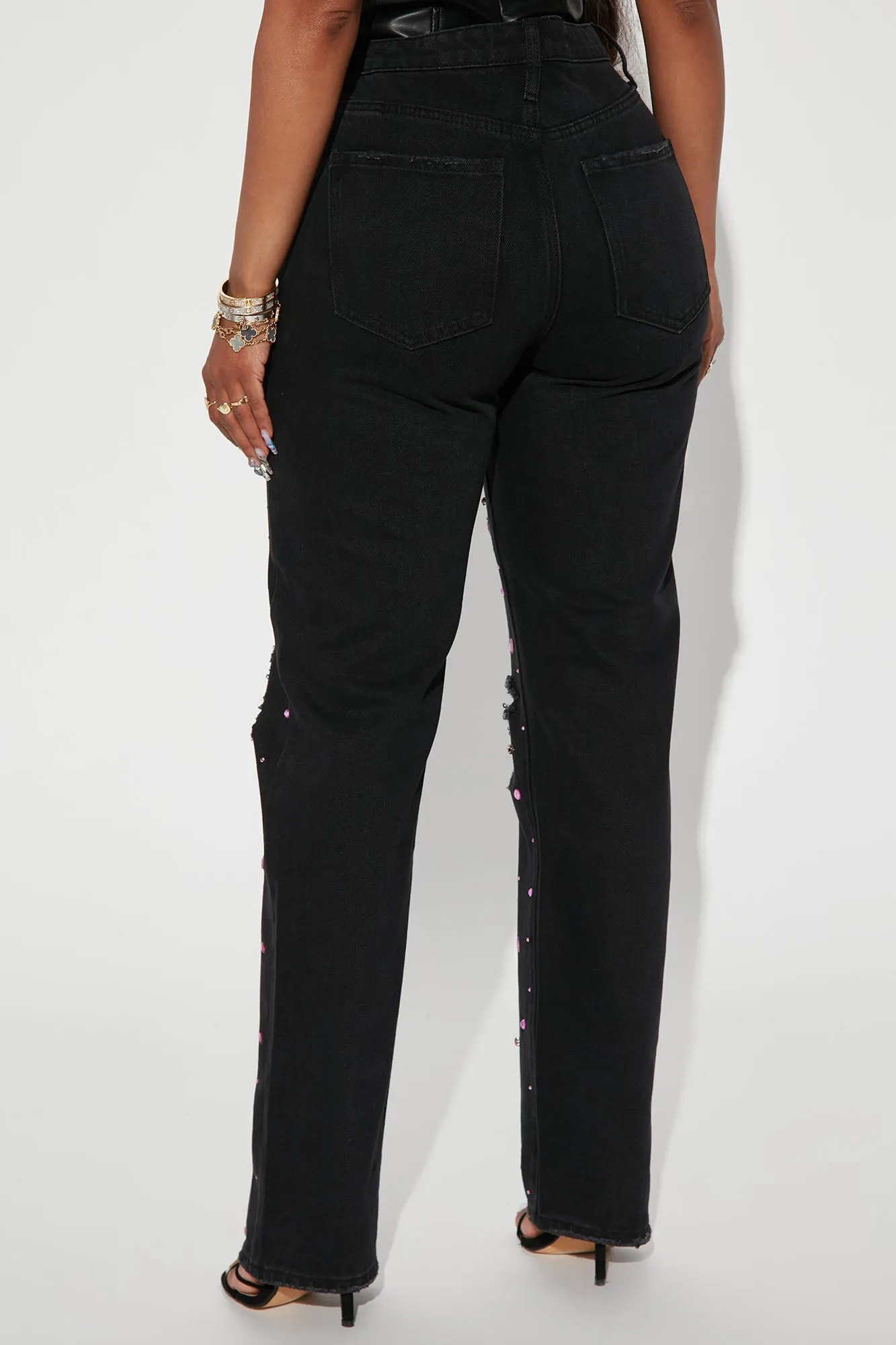 Amethyst Glow Embellished Straight Leg Jeans - Black