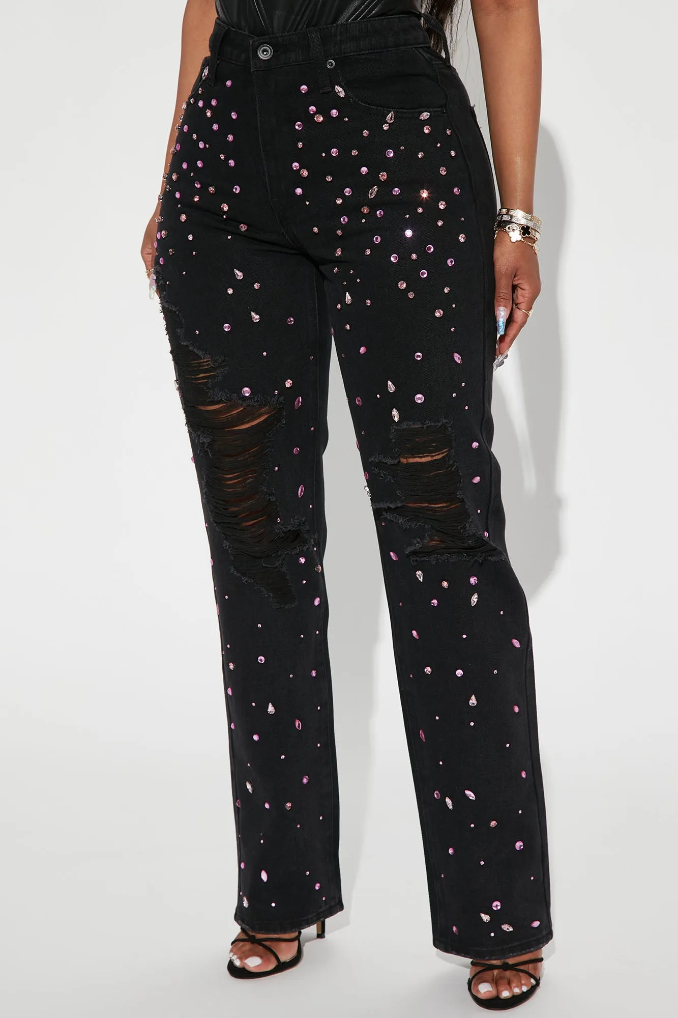 Amethyst Glow Embellished Straight Leg Jeans - Black