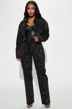 Amethyst Glow Embellished Straight Leg Jeans - Black