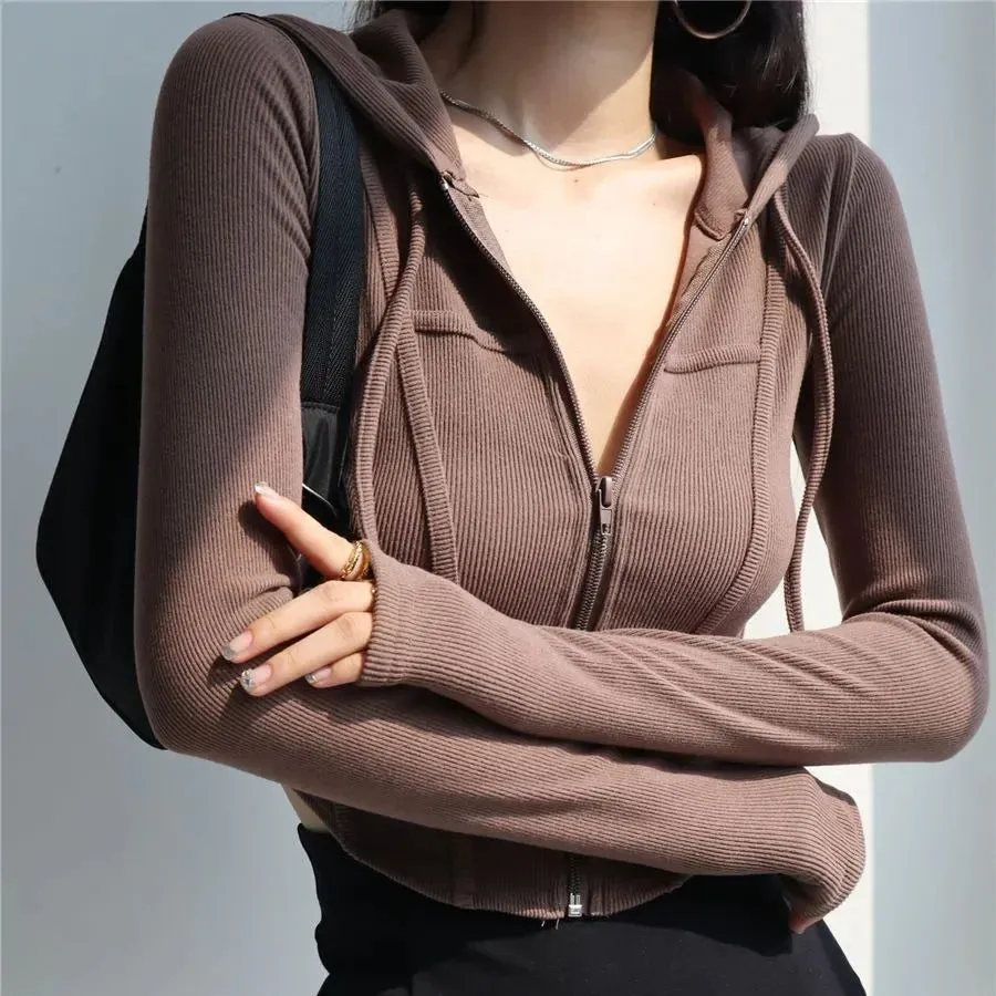 Amozae-Cropped Hooded Sports Jacket For Women Spicy Sweet Style Long Sleeve Tight Fit Fashionable Top Autumn Season Waist-fitted