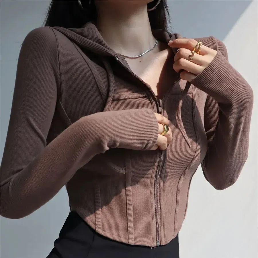 Amozae-Cropped Hooded Sports Jacket For Women Spicy Sweet Style Long Sleeve Tight Fit Fashionable Top Autumn Season Waist-fitted