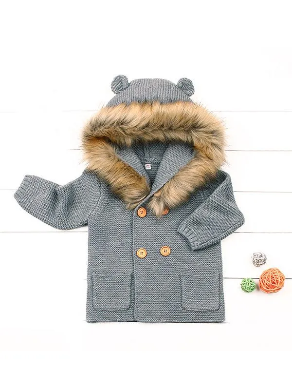 Animal Ears Warm Collar Hoodie Long Sleeve Coats Buttoned Knitted Wear Baby Cardigan