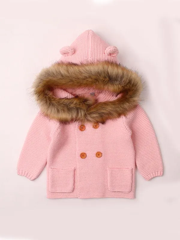 Animal Ears Warm Collar Hoodie Long Sleeve Coats Buttoned Knitted Wear Baby Cardigan