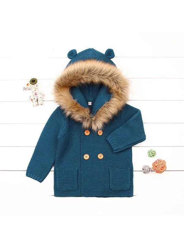 Animal Ears Warm Collar Hoodie Long Sleeve Coats Buttoned Knitted Wear Baby Cardigan