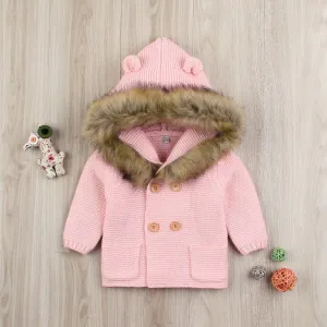 Animal Ears Warm Collar Hoodie Long Sleeve Coats Buttoned Knitted Wear Baby Cardigan