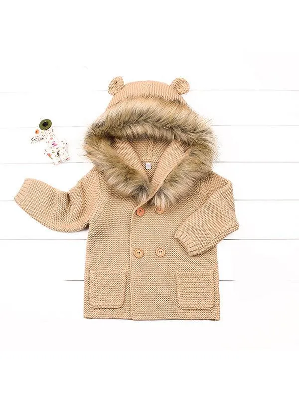 Animal Ears Warm Collar Hoodie Long Sleeve Coats Buttoned Knitted Wear Baby Cardigan