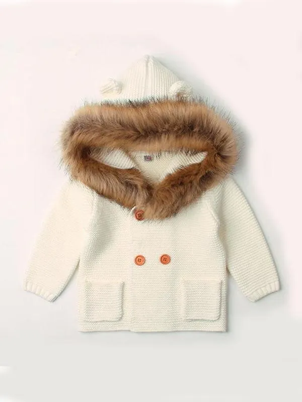 Animal Ears Warm Collar Hoodie Long Sleeve Coats Buttoned Knitted Wear Baby Cardigan