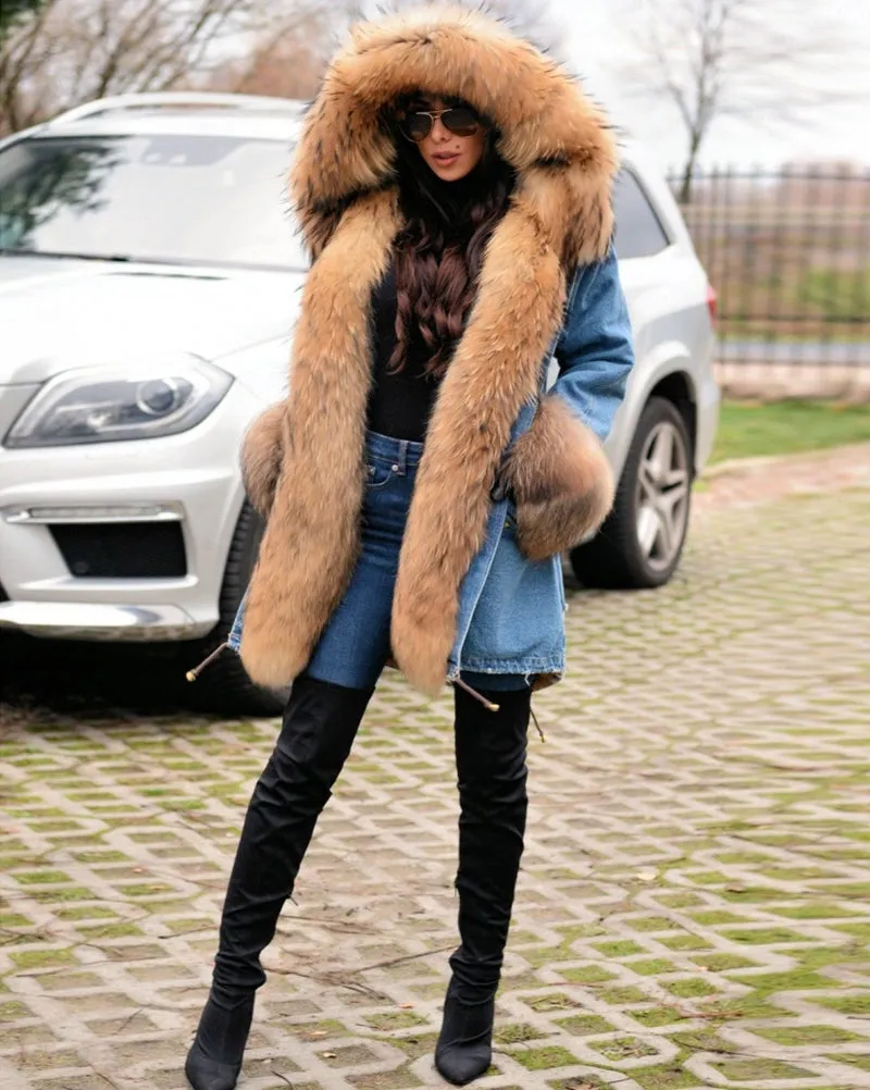 Aofur Casual Women Denim Jacket Long Faux Fur Jean Coat Hooded Parka Overcoat Plus Size S-XXXL