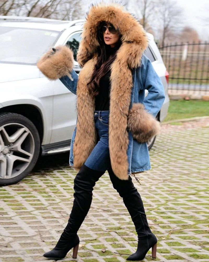 Aofur Casual Women Denim Jacket Long Faux Fur Jean Coat Hooded Parka Overcoat Plus Size S-XXXL