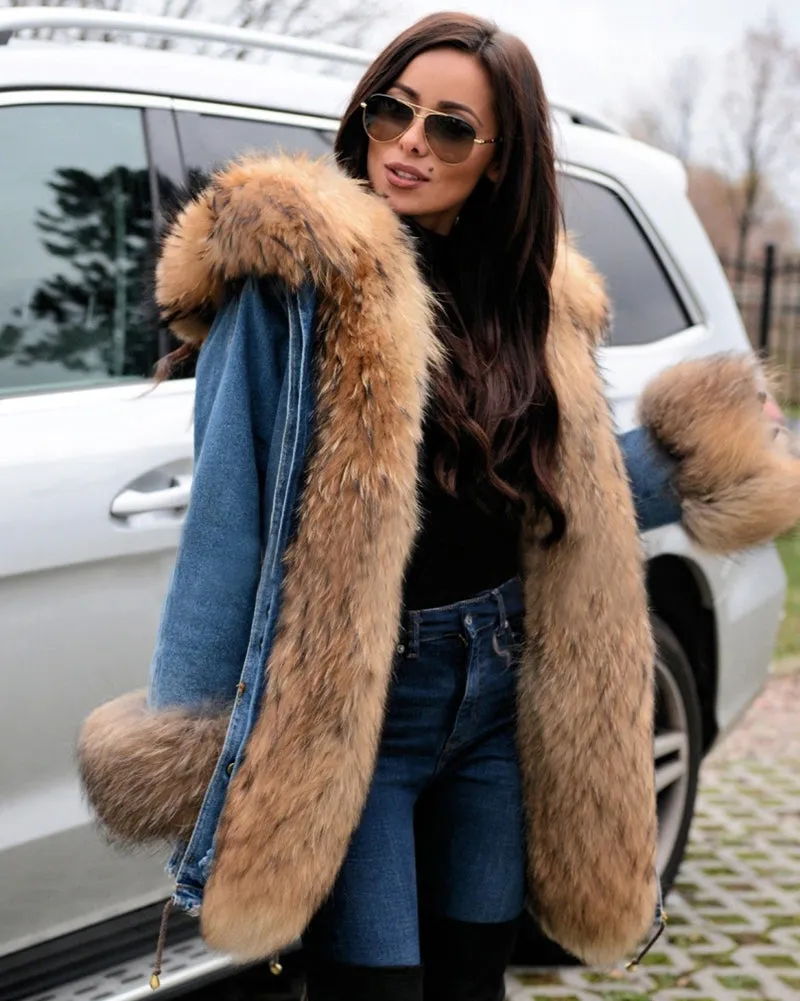 Aofur Casual Women Denim Jacket Long Faux Fur Jean Coat Hooded Parka Overcoat Plus Size S-XXXL