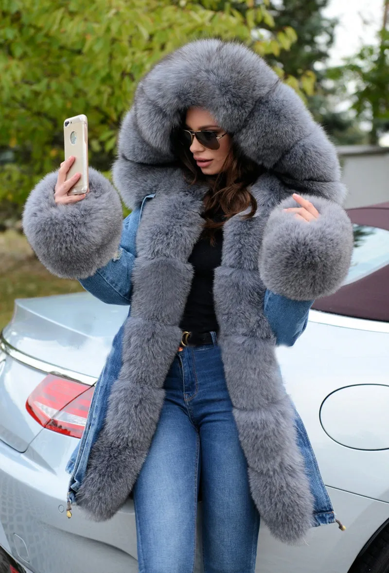 Aofur Women Lady Girl Fleece Lining Jean Jacket Hooded Parka Denim Winter Coat Outwear SIZE S-XXXL