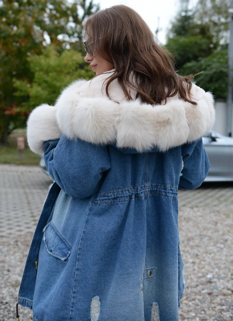 Aofur Women Lady Girl Fleece Lining Jean Jacket Hooded Parka Denim Winter Coat Outwear SIZE S-XXXL