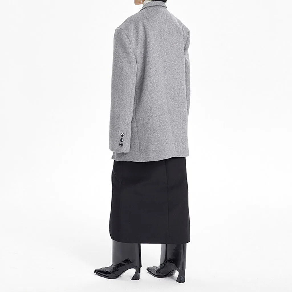 Asymmetrical Lapel Strong Shoulder One Button Oversized Woolen Coat