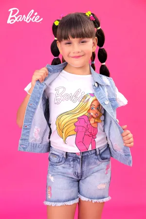 Barbie Top with Denim Shorts & Light Blue Denim Jacket