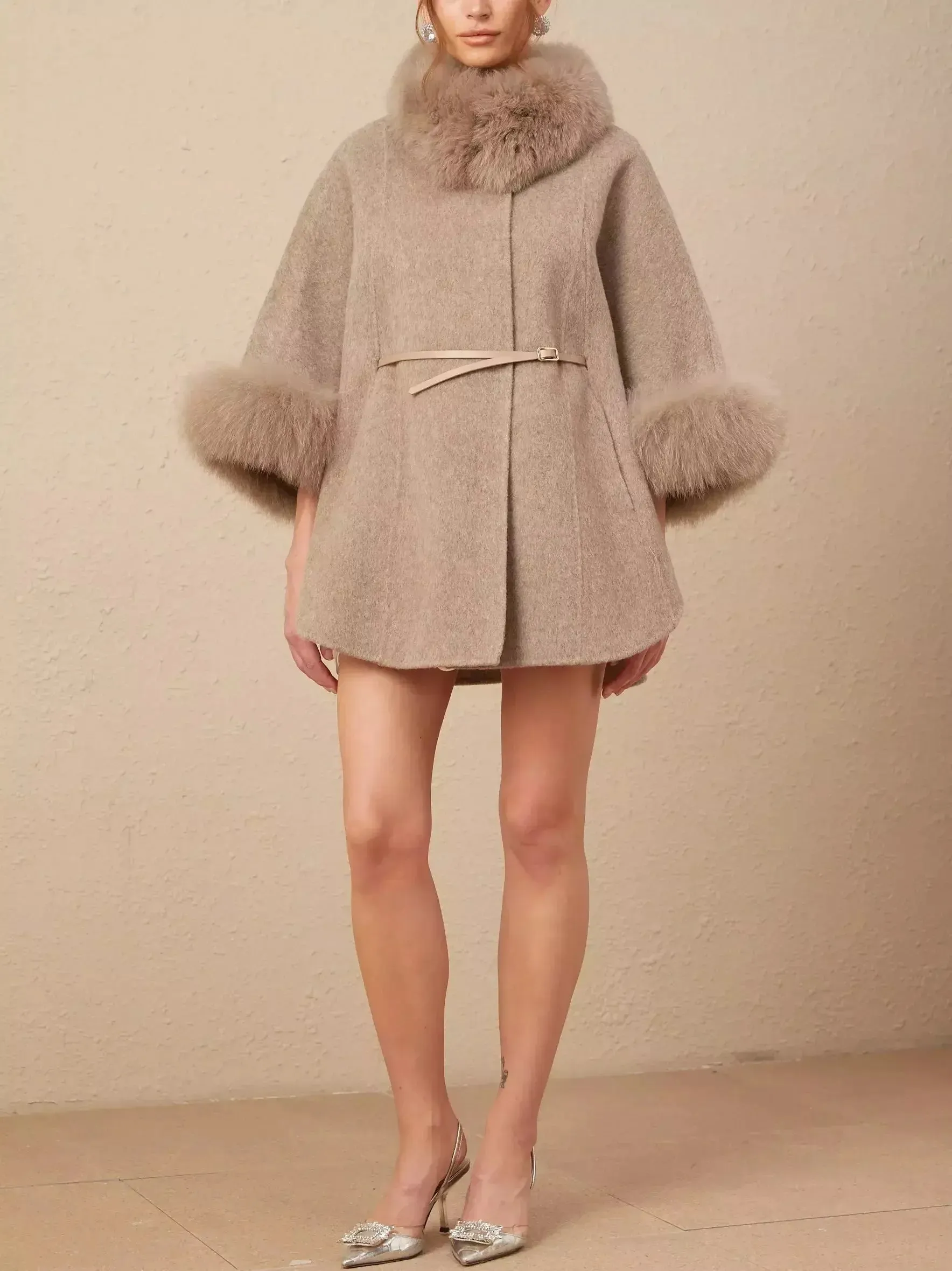 Belted Cashmere and Fur Cape Coat