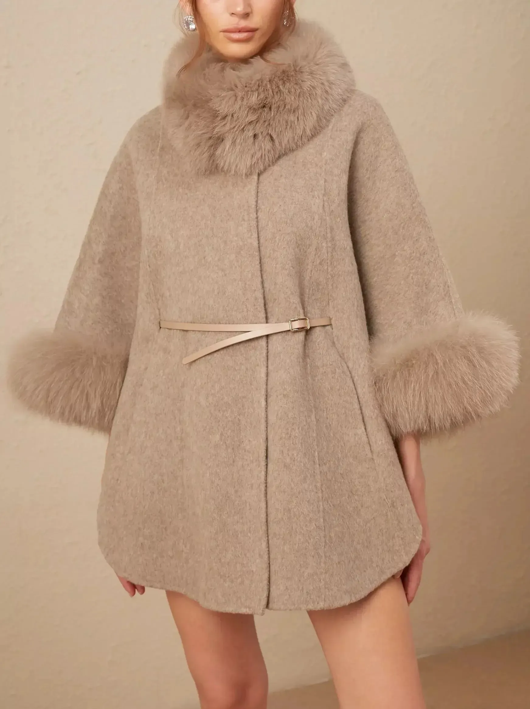 Belted Cashmere and Fur Cape Coat