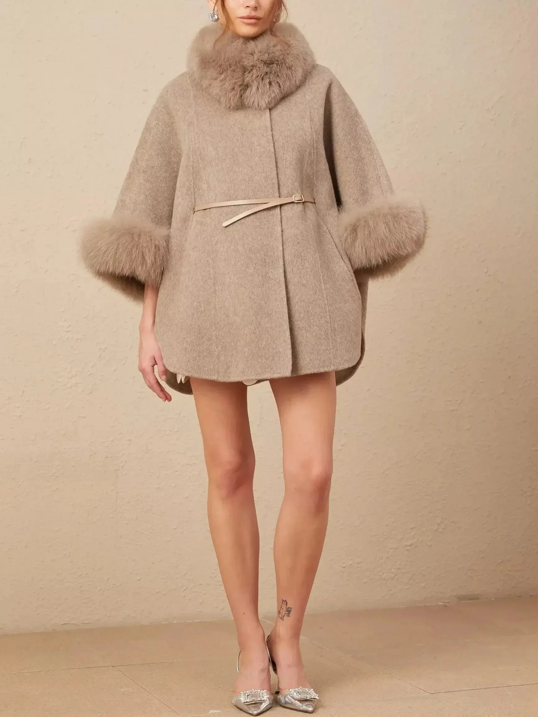 Belted Cashmere and Fur Cape Coat