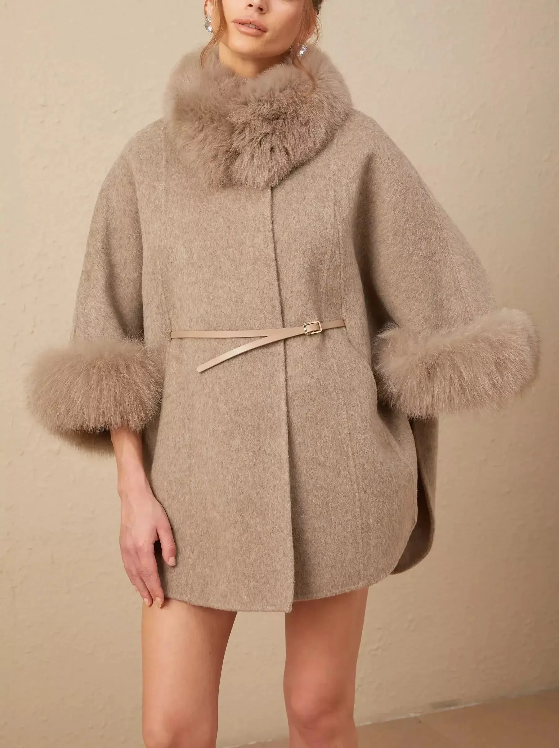 Belted Cashmere and Fur Cape Coat