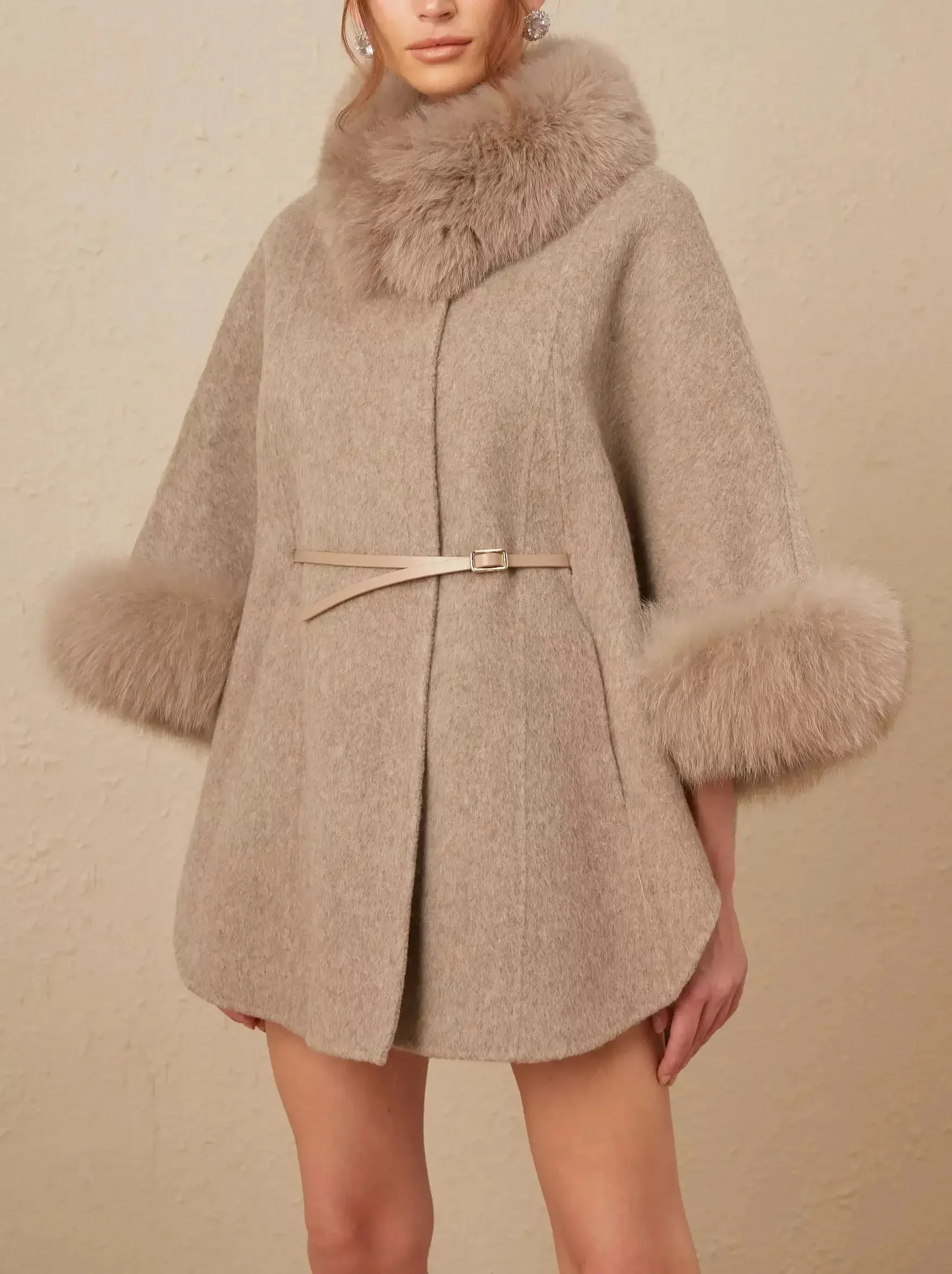 Belted Cashmere and Fur Cape Coat