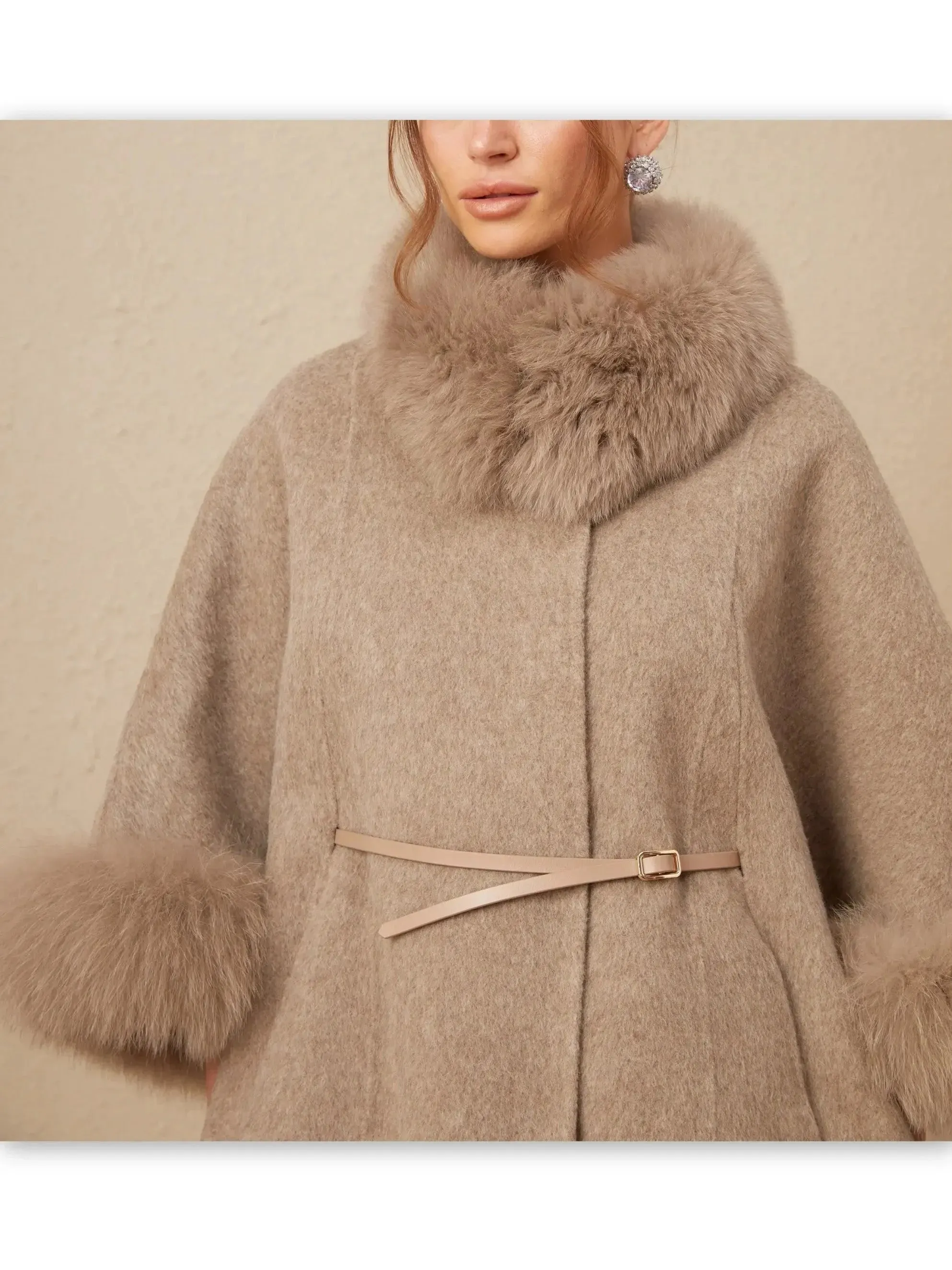 Belted Cashmere and Fur Cape Coat