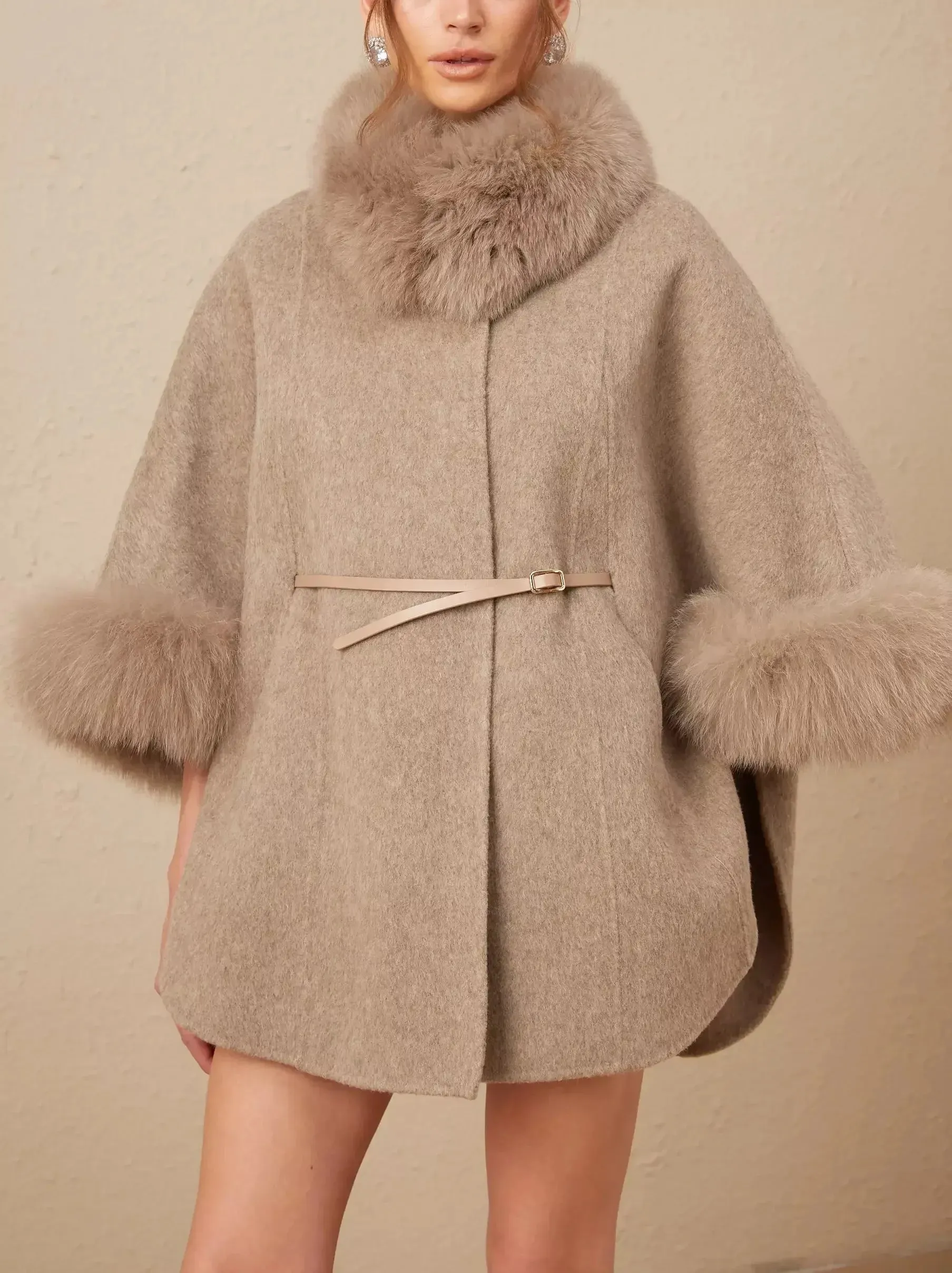 Belted Cashmere and Fur Cape Coat