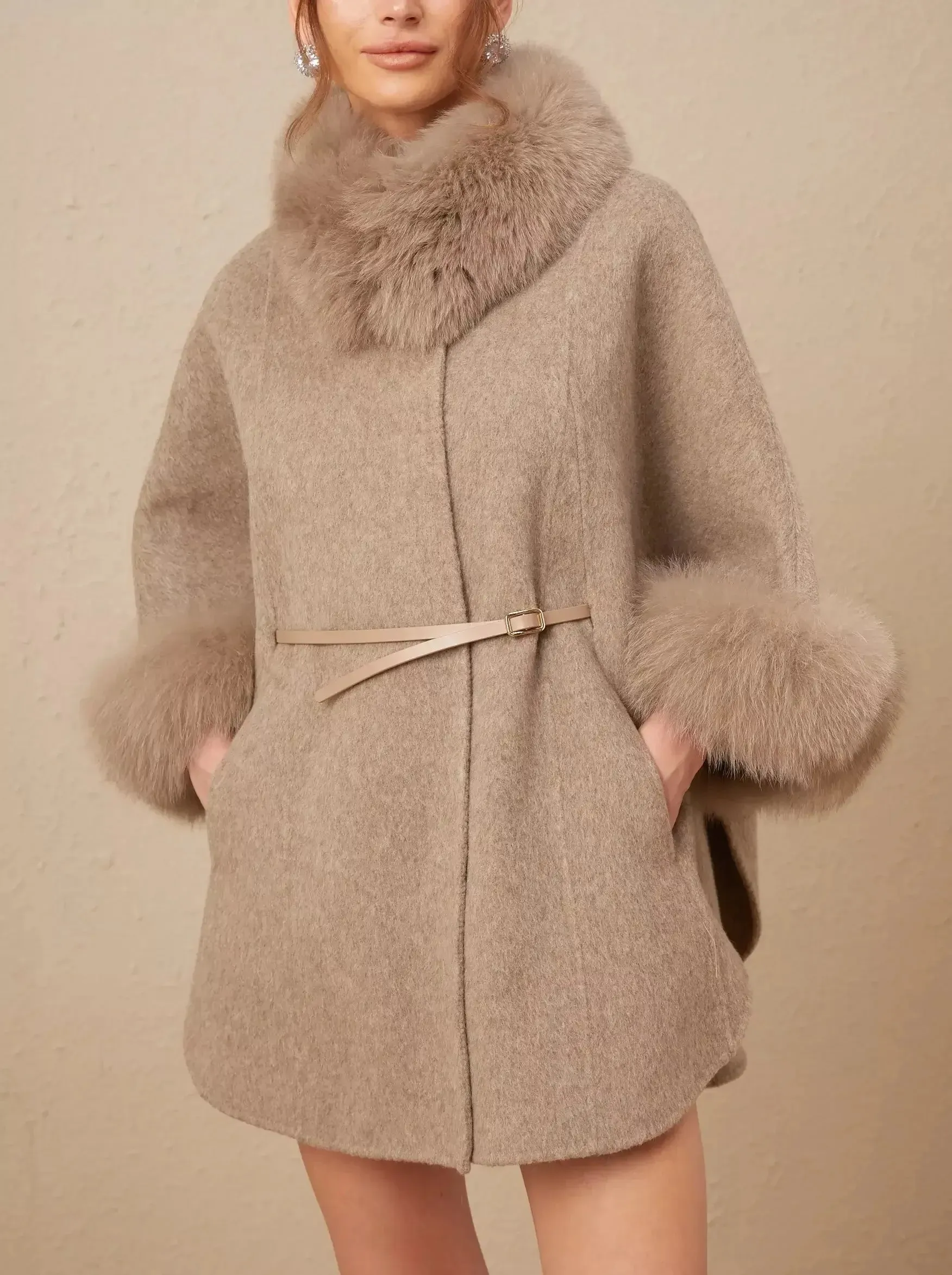 Belted Cashmere and Fur Cape Coat