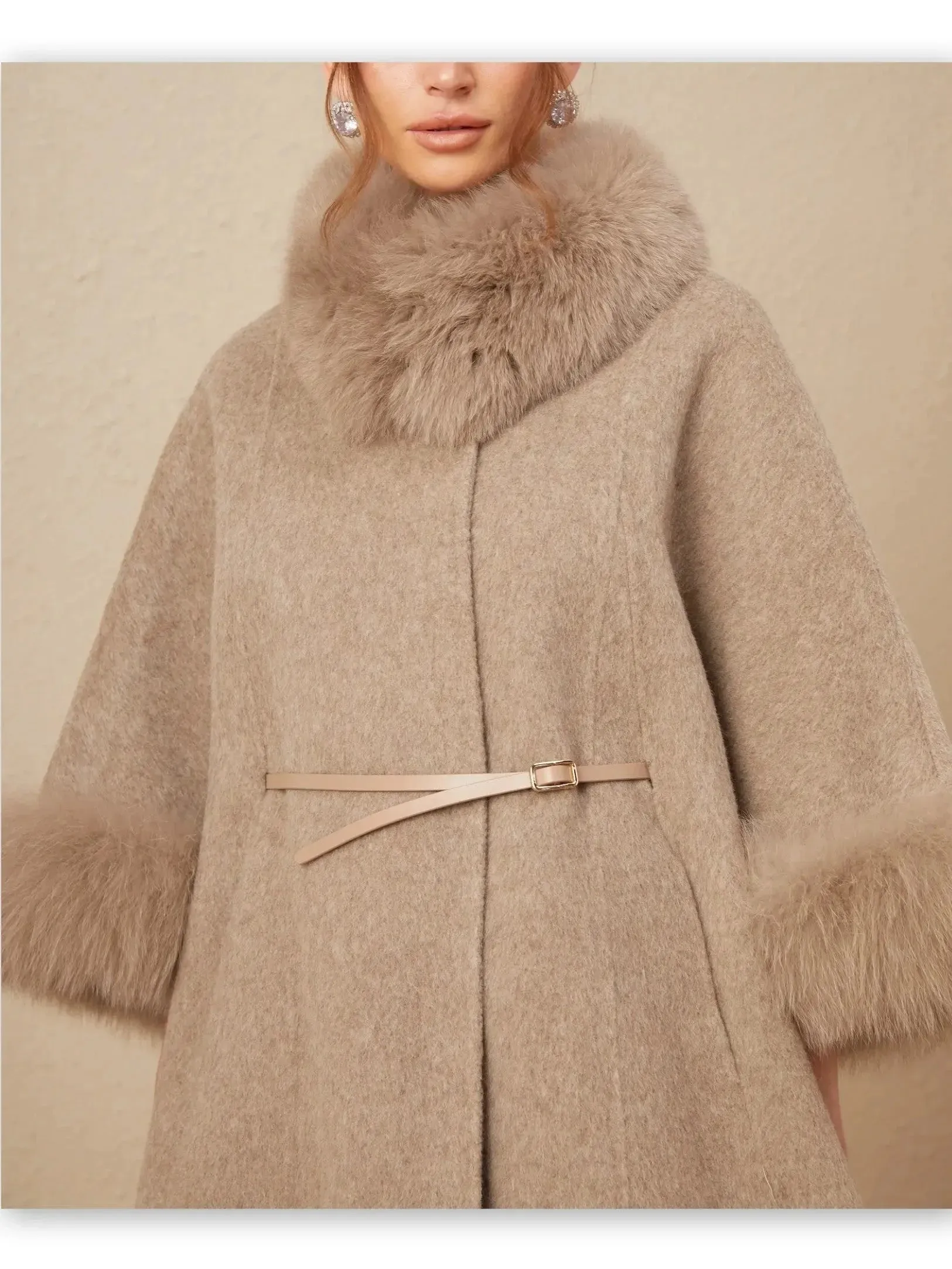 Belted Cashmere and Fur Cape Coat