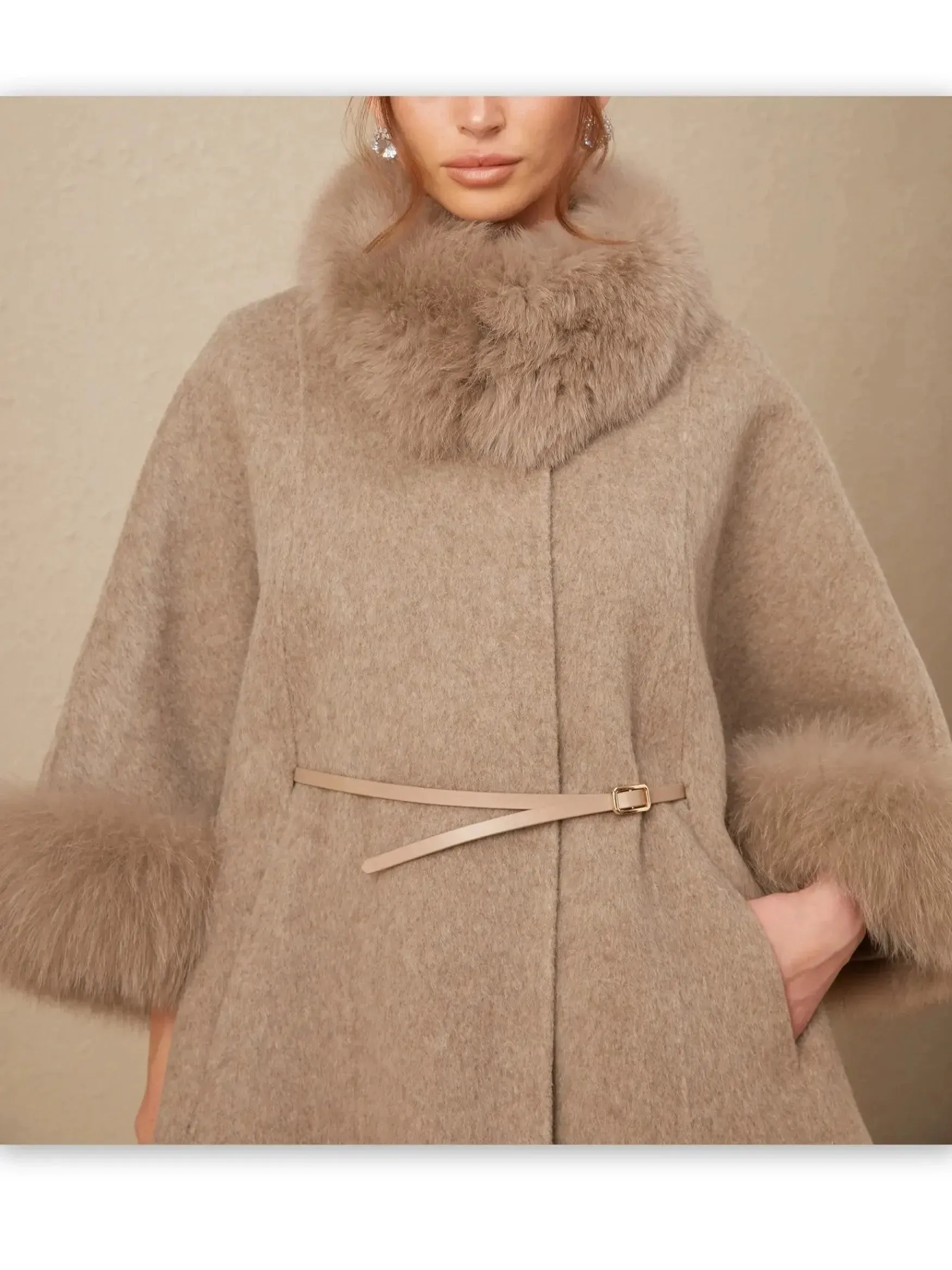 Belted Cashmere and Fur Cape Coat