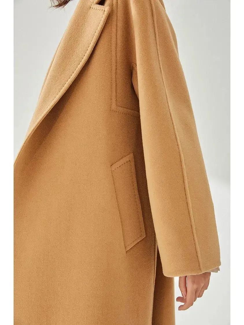 Belted Cashmere Wool Wrap Coat, Caramel