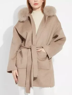 Belted Short Wool Cashmere Coat with Fur-Trim Hood in Taupe