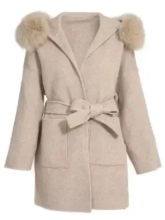 Belted Short Wool Cashmere Coat with Fur-Trim Hood in Taupe