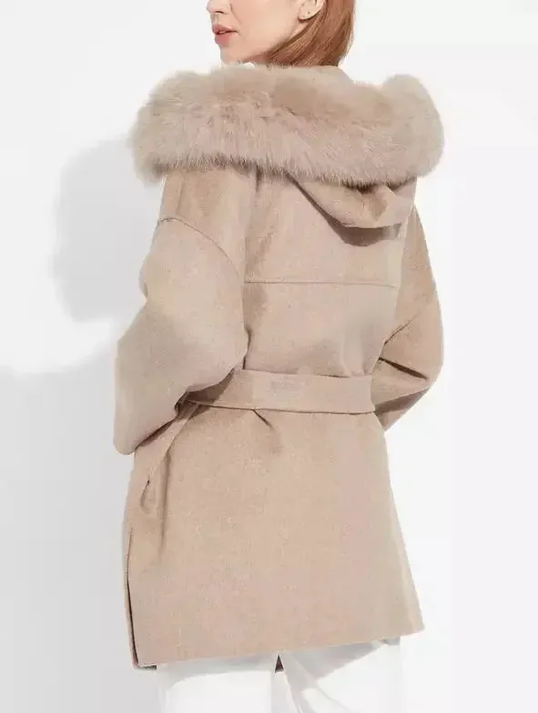 Belted Short Wool Cashmere Coat with Fur-Trim Hood in Taupe