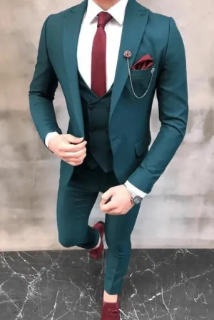 Bespoke Tailoring Green Designer 3 Piece Slim Fit Suit for Men