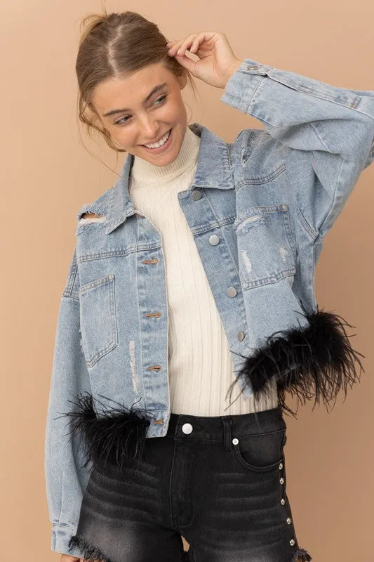 Black Denim Oversized Fur Crop Denim Jacket