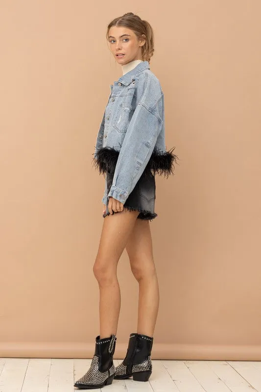 Black Denim Oversized Fur Crop Denim Jacket