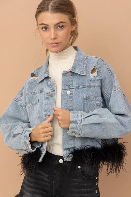 Black Denim Oversized Fur Crop Denim Jacket