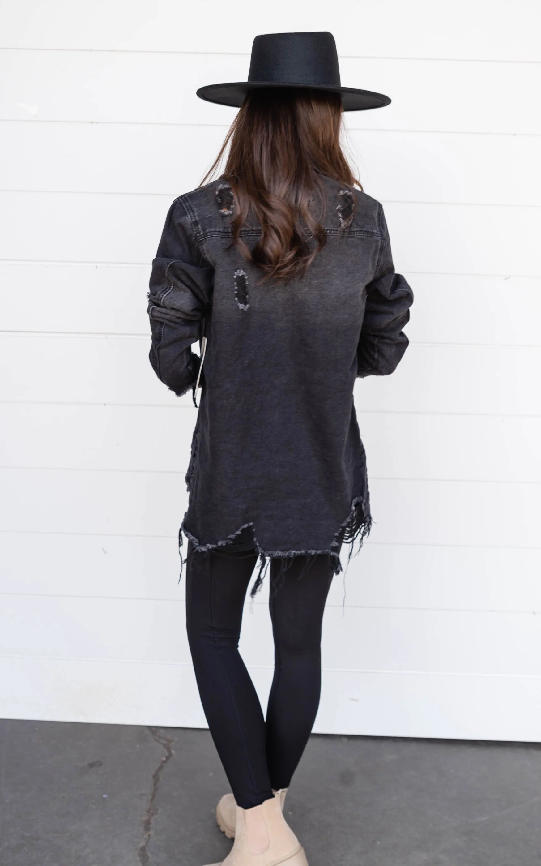 Black Distressed Denim Shirt