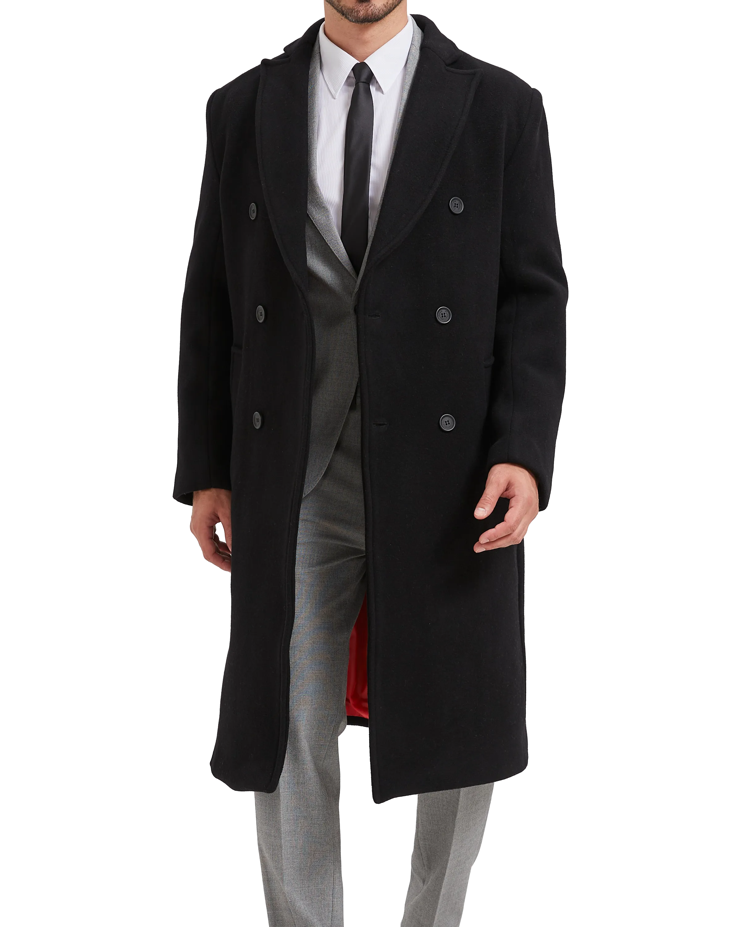 Black Double Breasted Wool Cashmere Long Overcoat Red Lining