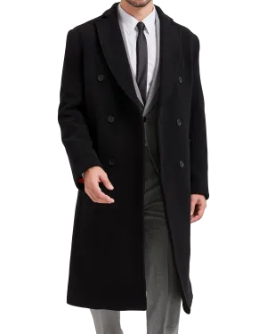 Black Double Breasted Wool Cashmere Long Overcoat Red Lining