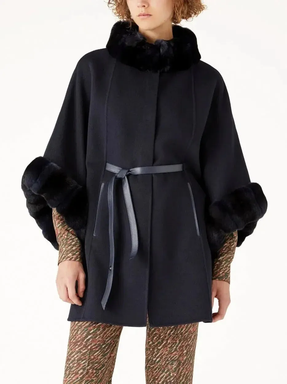 Black Leather-Belted Fur-Trim Cashmere Cape Coat