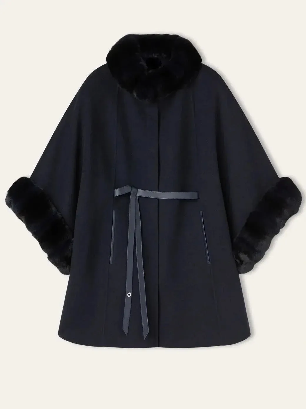 Black Leather-Belted Fur-Trim Cashmere Cape Coat