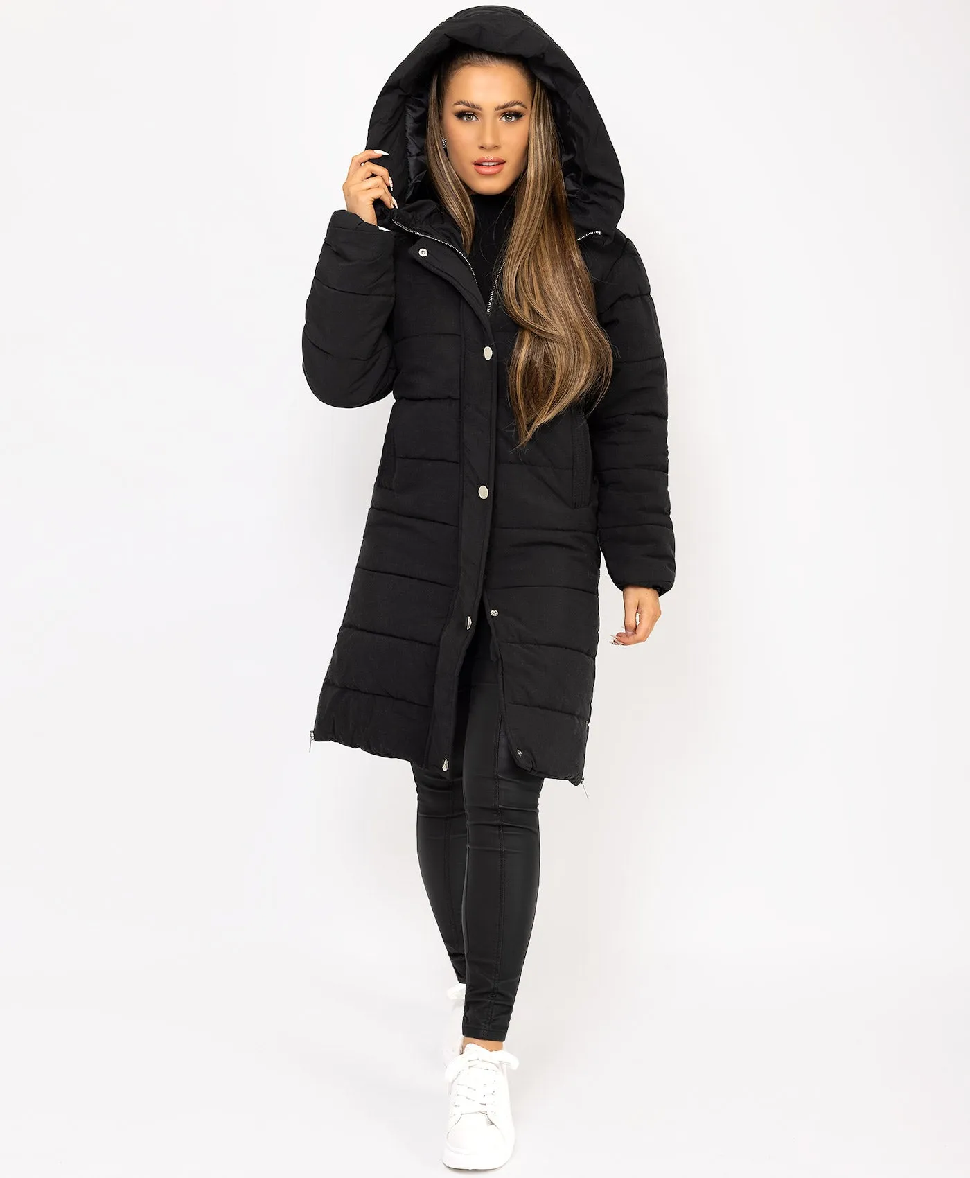 Black Longline Padded Side Split Puffer Coat Jacket