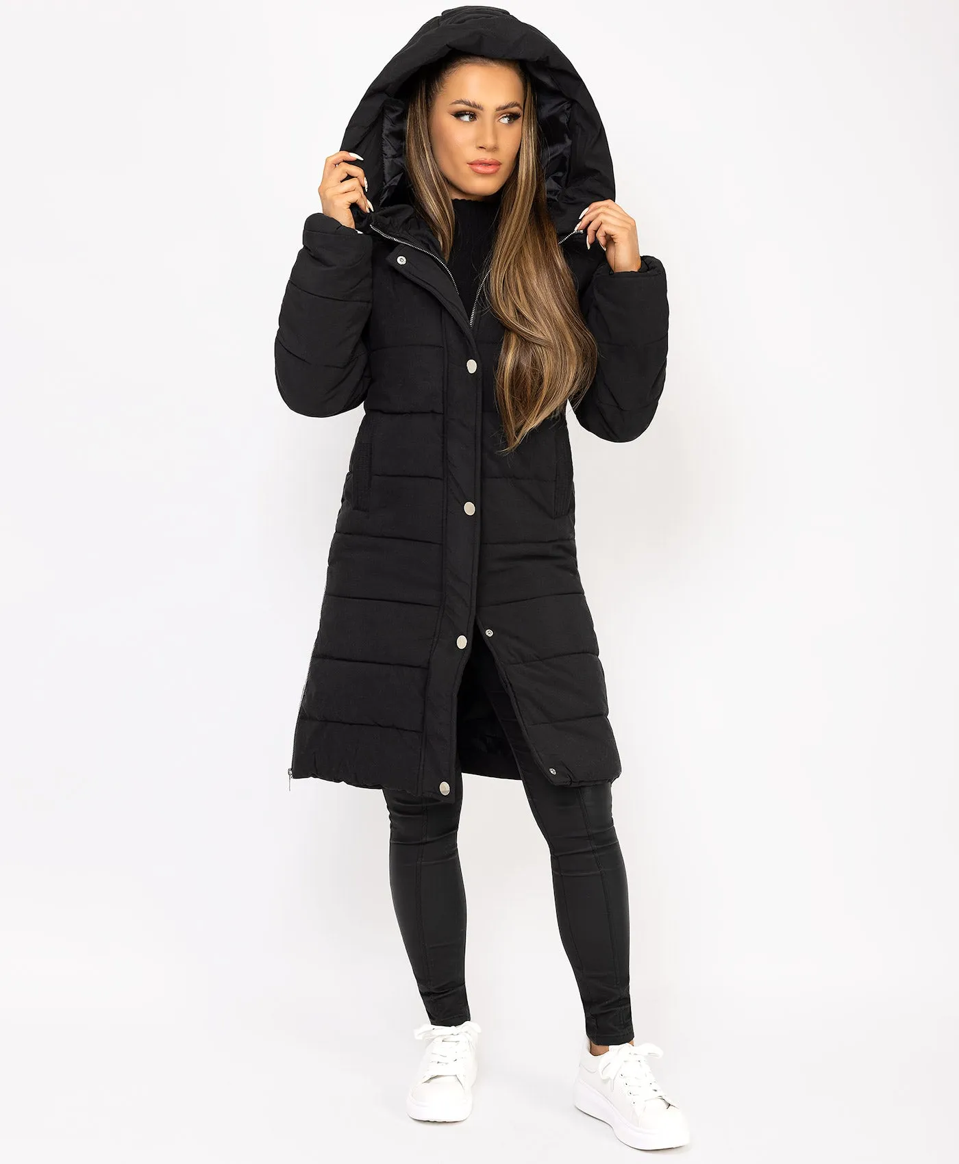 Black Longline Padded Side Split Puffer Coat Jacket