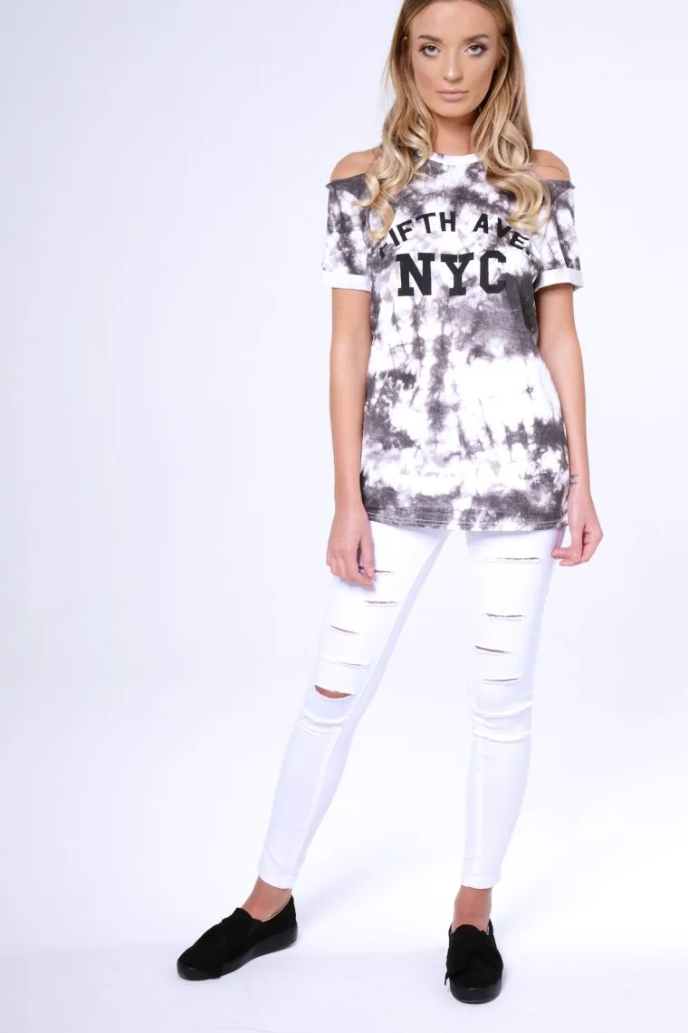 Black Tie Dye Cold Shoulder Slogan Top - Zeyna