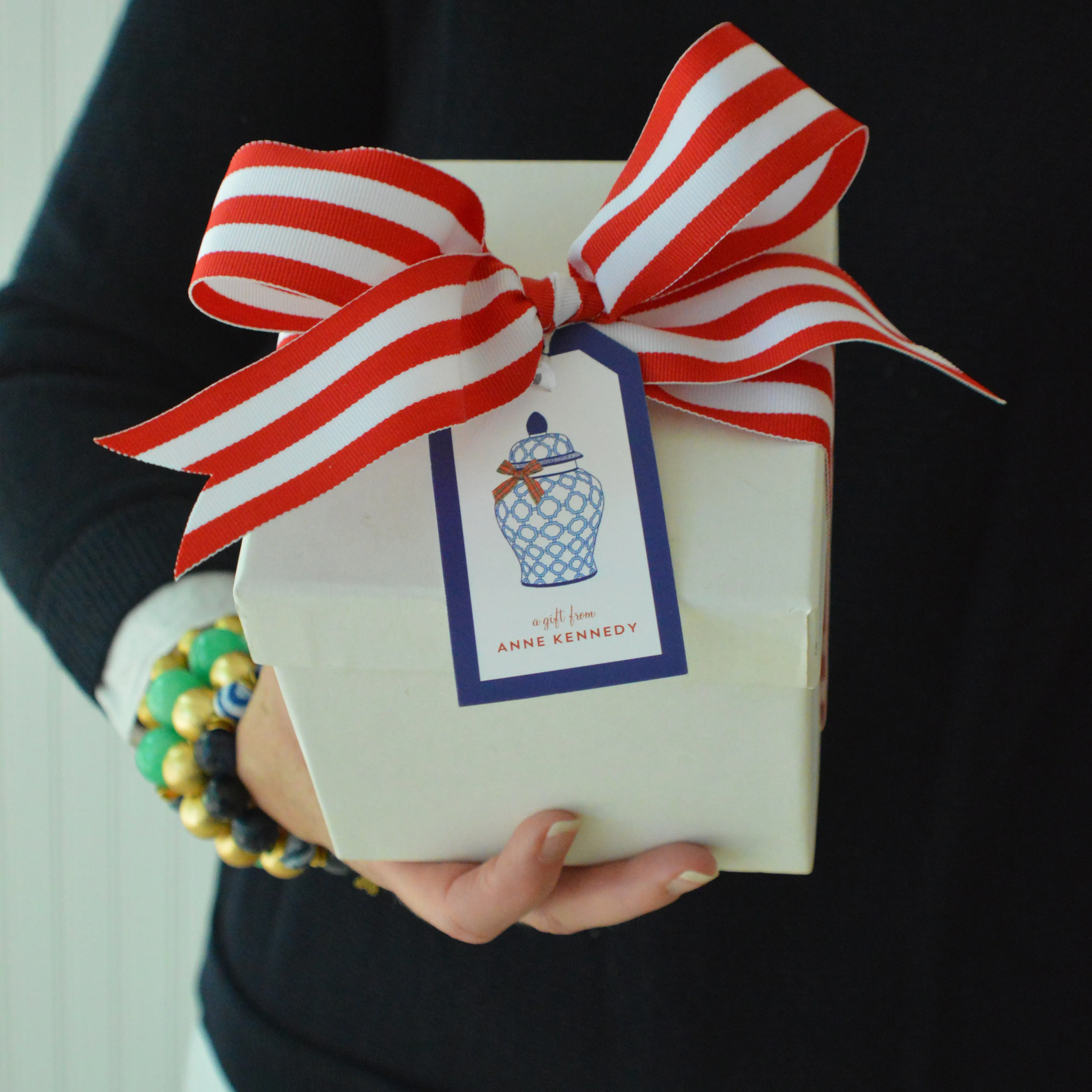 Blue and White Ginger Jar with Tartan Plaid Bow Christmas Gift Tags